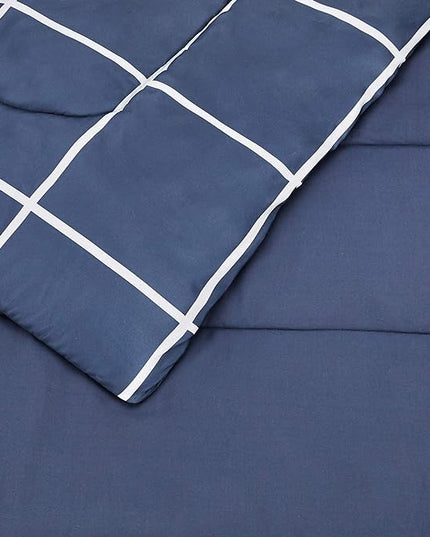 Amazon Basics Lightweight Microfiber Bed-in-a-Bag Comforter 5 Piece Bedding Set, Twin/Twin XL, Navy with Grey Plaid - LeafyLoom