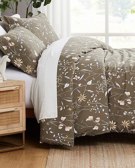 Southshore Fine Living, Inc. Twin Comforter Set, Down Alternative All-Season Floral Comforter with Matching Pillow Sham, Soft Microfiber Bedspread for Twin or Twin XL Bed, Secret Meadow Brown - LeafyLoom