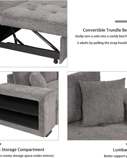 L Shaped Reversible Sleeper Sectional Sofa Pull Out Couch Bed with Storage Chaise Lounge and 2 Stools, Button Tufted Chenille Upholstered Convertible Pullout Sofabed for Living Room Office - LeafyLoom