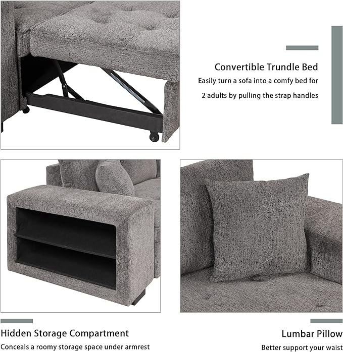 L Shaped Reversible Sleeper Sectional Sofa Pull Out Couch Bed with Storage Chaise Lounge and 2 Stools, Button Tufted Chenille Upholstered Convertible Pullout Sofabed for Living Room Office - LeafyLoom
