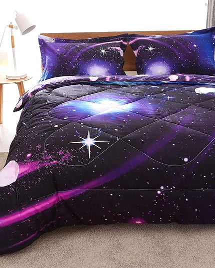 Wowelife Galaxy Twin Size Bedding Sets 5 Pieces Galaxy Space Comforter Set Blue 3D Kids Bed in A Bag Comforter Set for Girls Boys Lightweight with Comforter, Flat Sheet, Fitted Sheet and 2 Pillowcases - LeafyLoom