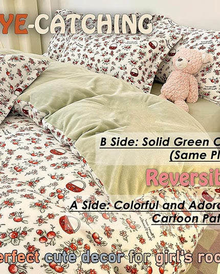 MorroMorn Queen Duvet Cover, Red Cherries Floral Bedding Sets, Plush Fluffy Comforter Covers Set, Down Alternative Blanket Ultra Soft Kawaii Cute for Girls Kids Teen Women Full Double Size - LeafyLoom