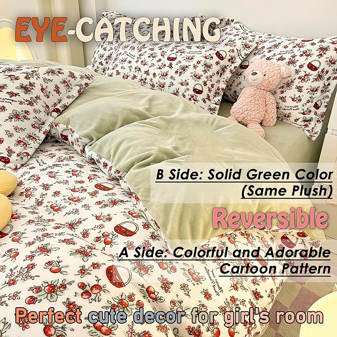 MorroMorn Queen Duvet Cover, Red Cherries Floral Bedding Sets, Plush Fluffy Comforter Covers Set, Down Alternative Blanket Ultra Soft Kawaii Cute for Girls Kids Teen Women Full Double Size - LeafyLoom