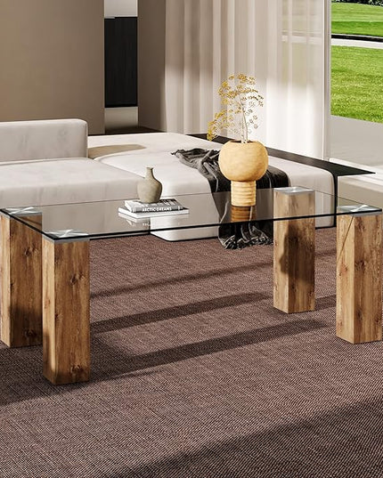 44" Modern Wood and Glass Top Coffee Table Rectangle Tea Table with Wood Leg for Living Room - LeafyLoom