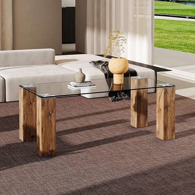 44" Modern Wood and Glass Top Coffee Table Rectangle Tea Table with Wood Leg for Living Room - LeafyLoom