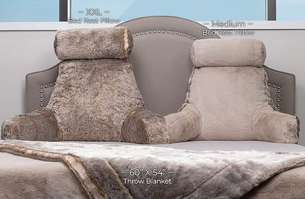 Husband Pillow XXL Ultra Rare Baby Chinchilla Backrest, Two-Tone Reversible Double Sided Fabulous Faux Fur Reading & Bed Rest Pillow with Arms & Neck Roll, Adjustable Memory Foam - Extremely Comfy - LeafyLoom