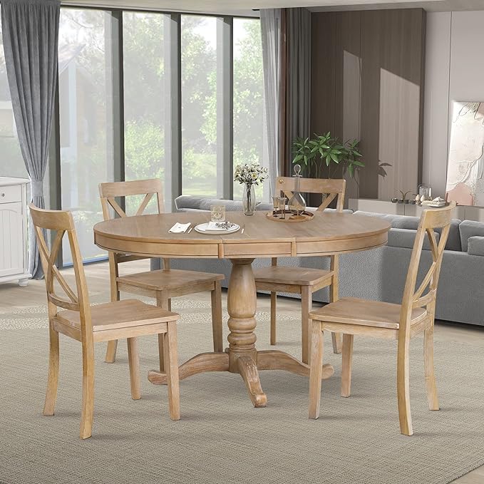 NicBex Round Dining Table Set for 4 Kitchen & Dining Room Tables Modern Dining Table Set for 4, Round Table and 4 Kitchen Room Chairs for Dining Room, Dinette, Breakfast Nook, Natural Wood Wash - LeafyLoom