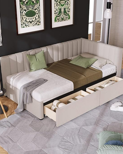 Twin Size Upholstered Daybed with 2 Storage Drawers,Solid Wood Sofa Bed Frame W/Linen Fabric Backrest,No Box Spring Needed,for Living Room Bedroom Apartment Beige - LeafyLoom
