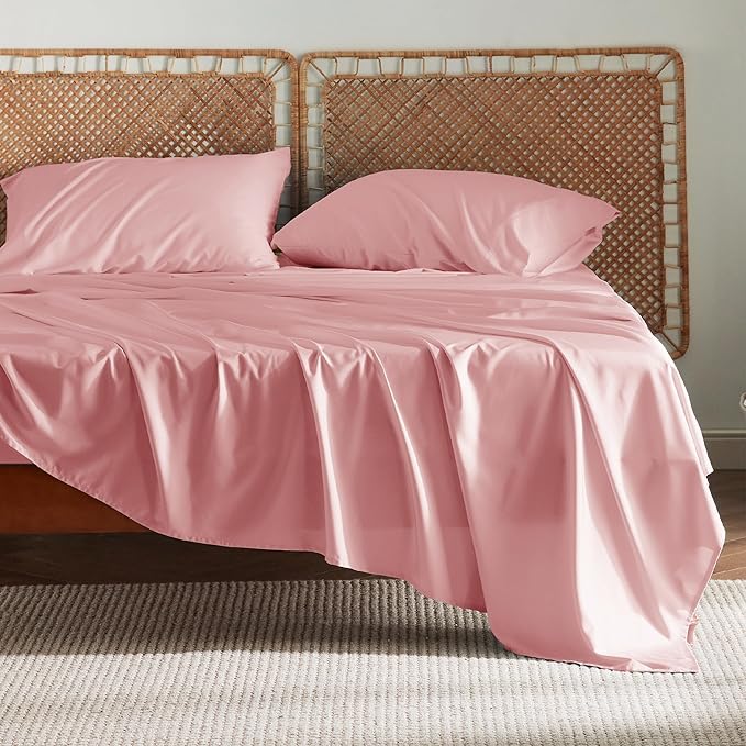 Bedsure King Size Sheet Set, Cooling Sheets King, Rayon Derived from Bamboo, Deep Pocket Up to 16", Breathable & Soft Bed Sheets, Hotel Luxury Silky Bedding Sheets & Pillowcases, Blush Pink - LeafyLoom
