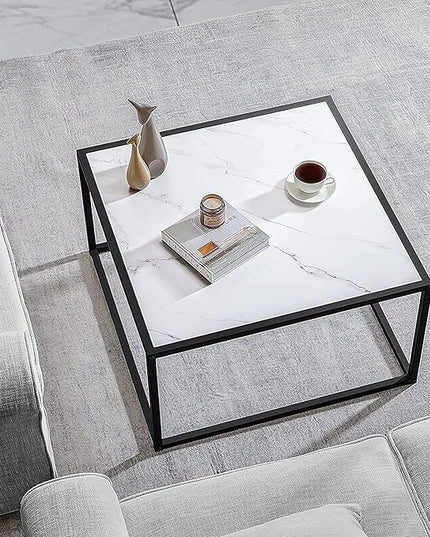 SAYGOER White Coffee Table,Small Square Coffee Table,Modern Center Table for Living Room Office 27.6 * 27.6 * 15.7 Inch, Easy Assembly, White Faux Marble Top - LeafyLoom