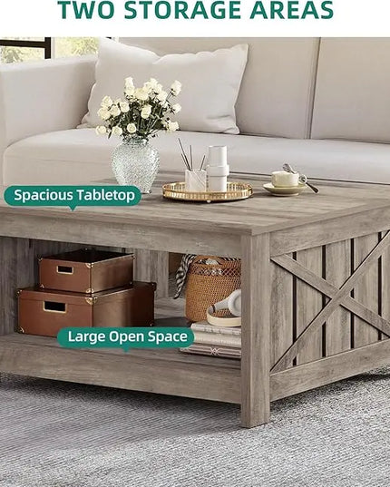 YITAHOME Coffee Table Farmhouse Coffee Table with Storage Rustic Wood Cocktail Table,Square Coffee Table for Living Meeting Room with Half Open Storage Compartment, Rustic Grey - LeafyLoom