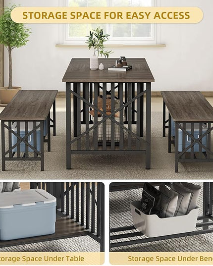 DWVO 3-Piece Dining Table Set for 4-6 People, 63" Dining Room Table with 2 Benches, Industrial Rectangular Dining Room Table Set with Storage for Kitchen, Dining Room, Grey - LeafyLoom