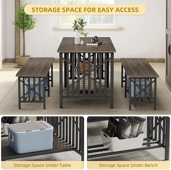 DWVO 3-Piece Dining Table Set for 4-6 People, 63" Dining Room Table with 2 Benches, Industrial Rectangular Dining Room Table Set with Storage for Kitchen, Dining Room, Grey - LeafyLoom