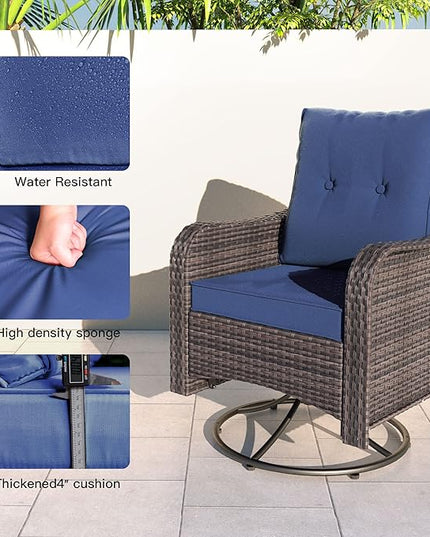 Kullavik 11PCS Outdoor Patio Furniture Set,PE Wicker Rattan Sectional Sofa Patio Conversation Sets with 43" 55000BTU Gas Propane Fire Pit Table,Swivel Rocking Chairs Set,Navy Blue - LeafyLoom