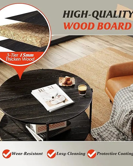 WLIVE Round Coffee Table, Rustic 2-Tier Circle Coffee Table with Open Storage Shelf, Industrial 32.6" Wood Round Center Table for Living Room, Bedroom, Home Office, Charcoal Black - LeafyLoom