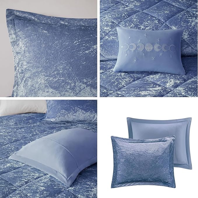 Intelligent Design Queen Comforter Set, Velvet Comforter Set , Luxury Diamond Quilting Comforter Set, Fluffy Comforter Bed Set with Decorative Pillowand 2 Shams, 4 Piece Blue, Full/Queen - LeafyLoom