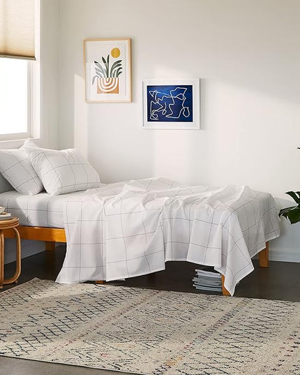 Brooklinen Luxury Sateen 4 Piece Sheet Set - 100% Cotton, Twin Size in Window Pane - 1 Fitted Sheet, 1 Flat Sheet, 2 Pillowcases | Best Luxury Sheets - LeafyLoom