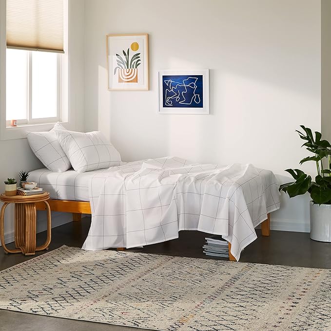 Brooklinen Luxury Sateen 4 Piece Sheet Set - 100% Cotton, Twin Size in Window Pane - 1 Fitted Sheet, 1 Flat Sheet, 2 Pillowcases | Best Luxury Sheets - LeafyLoom