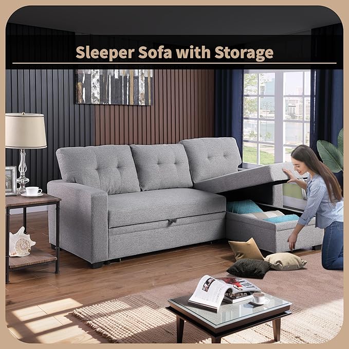 4-in-1 Modular Sofa Bed Convertible Living Room Furniture Sets Upholstered, L Shaped Sectional Comfy Couch with Reversible Storage Chaise for Apartment, Studio, Office, Light Gray-3 - LeafyLoom