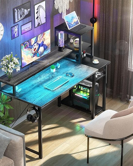 39.4'' Gaming Desk with LED and Storage Shelves, 39 Computer Desk with Long Monitor Stand, Small Desk for Small Space, Simple Study Student Writing Desk, Laptop Table for Home Office, Grey - LeafyLoom