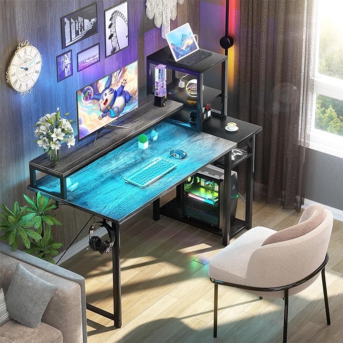 39.4'' Gaming Desk with LED and Storage Shelves, 39 Computer Desk with Long Monitor Stand, Small Desk for Small Space, Simple Study Student Writing Desk, Laptop Table for Home Office, Grey - LeafyLoom