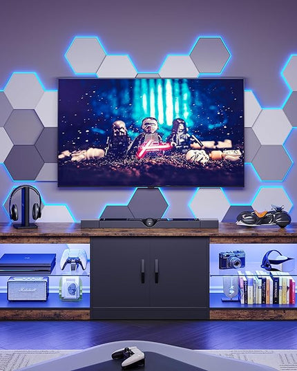 Bestier 70 Inch Led TV Stand for 75 Inch TV Large Entertainment Center Gaming with Adjustable Glass Shelves Two Cabinets Modern TV Console for Living Room 22 RGB Modes, Rustic Brown - LeafyLoom