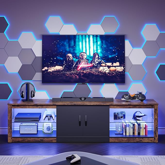 Bestier 70 Inch Led TV Stand for 75 Inch TV Large Entertainment Center Gaming with Adjustable Glass Shelves Two Cabinets Modern TV Console for Living Room 22 RGB Modes, Rustic Brown - LeafyLoom