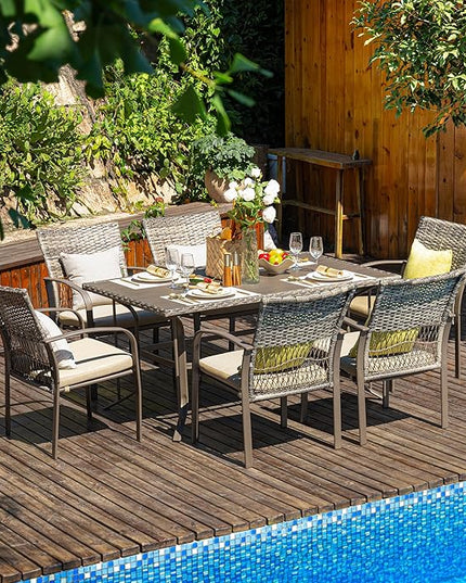 Pamapic 8504 Patio Dining 7 Piece, Outdoor Wicker Furniture Set for Backyard Garden Deck Poolside/Iron Slats Table Top, Removable Cushions, 7 Pack, Beige - LeafyLoom