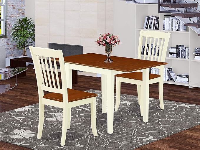 East West Furniture NDDA3-WHI-W Norden 3 Piece Set Contains a Rectangle Dining Room Table with Dropleaf and 2 Wood Seat Chairs, 30x48 Inch - LeafyLoom