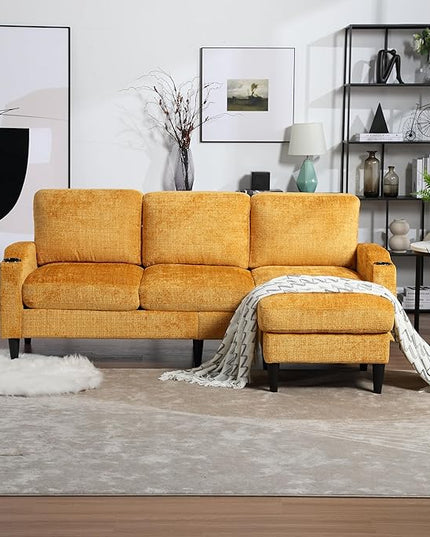 77.36" Modern Chenelle Polyester Sectional Sofa,L-Shaped Couch with Storage Ottoman,3 Seat Interior Furniture W/Pockets and Both Armrests Contain Cup Holders,for Dorm,Apartment,Yellow - LeafyLoom