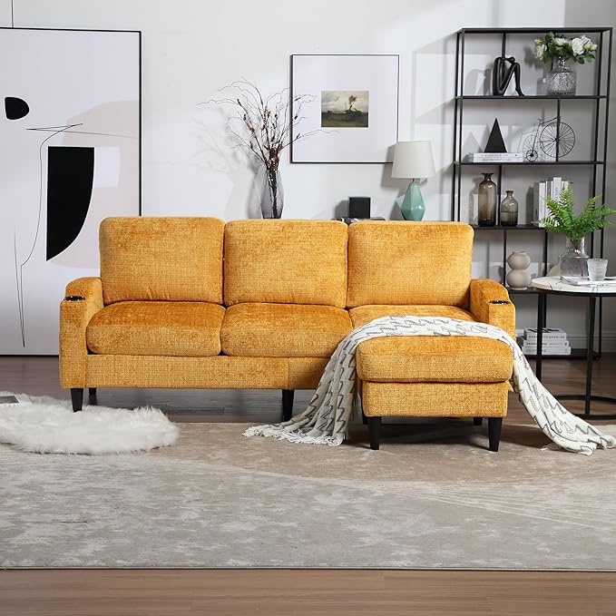 77.36" Modern Chenelle Polyester Sectional Sofa,L-Shaped Couch with Storage Ottoman,3 Seat Interior Furniture W/Pockets and Both Armrests Contain Cup Holders,for Dorm,Apartment,Yellow - LeafyLoom