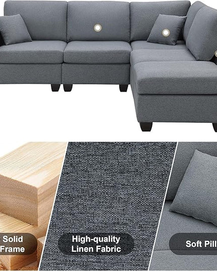 89.8" Modern Sectional Sofa with Convertible Ottoman and 2 Pillows,L-Shape Linen Fabric Corner Couch 5 Set W/Back & Cushion,can Hold up to 330 Lbs,for Apartment,Living Room,Dark Grey - LeafyLoom