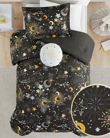 Mi Zone Kids Twin Comforter Set, Celestial Metallic Comforter Set Starry Sky, Moon & Sun Comforter, All Seasons Lightweight & Fluffy Comforter Bed Set, 1 Sham, Celia, Twin Charcoal/Gold 3 Piece - LeafyLoom