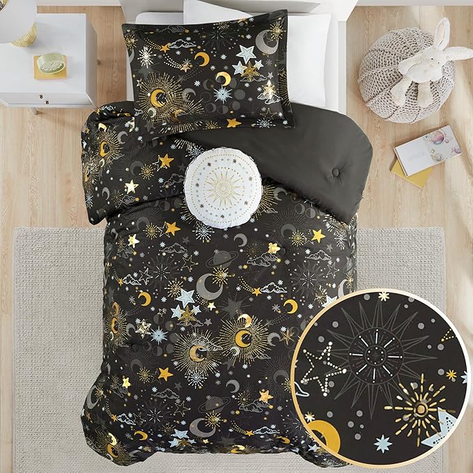 Mi Zone Kids Twin Comforter Set, Celestial Metallic Comforter Set Starry Sky, Moon & Sun Comforter, All Seasons Lightweight & Fluffy Comforter Bed Set, 1 Sham, Celia, Twin Charcoal/Gold 3 Piece - LeafyLoom