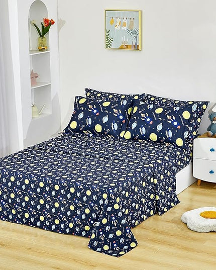 Mooreeke Bed in a Bag for Kids Girls Teens, 7 Pieces Full Size Comforter Bed Set with Shams, Sheet Set, Space Planet Blue Black Soft Microfiber Kids Comforter Bedding Set - LeafyLoom