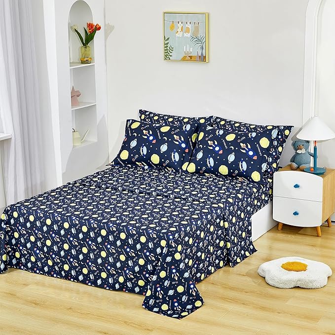 Mooreeke Bed in a Bag for Kids Girls Teens, 7 Pieces Full Size Comforter Bed Set with Shams, Sheet Set, Space Planet Blue Black Soft Microfiber Kids Comforter Bedding Set - LeafyLoom