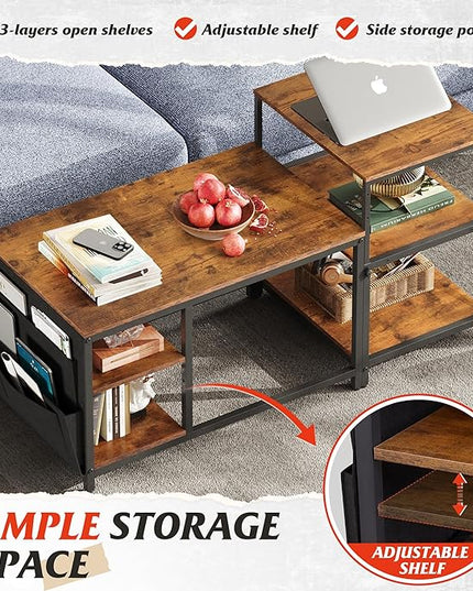 WLIVE Coffee Table for Living Room, Adjustable Coffee Table Set of 2 with End Table, Small Industrial Coffee Table with Side Table, Metal Frame and Wood Desktop, Rustic Brown - LeafyLoom