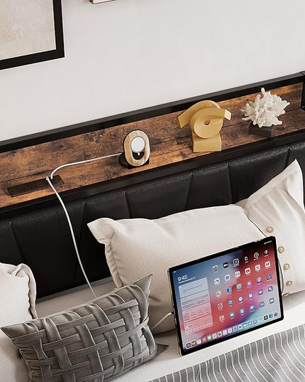 LIKIMIO Twin Bed Frame, Storage Headboard with Charging Station, Solid and Stable, Noise Free, No Box Spring Needed, Easy Assembly (Vintage and Black) - LeafyLoom