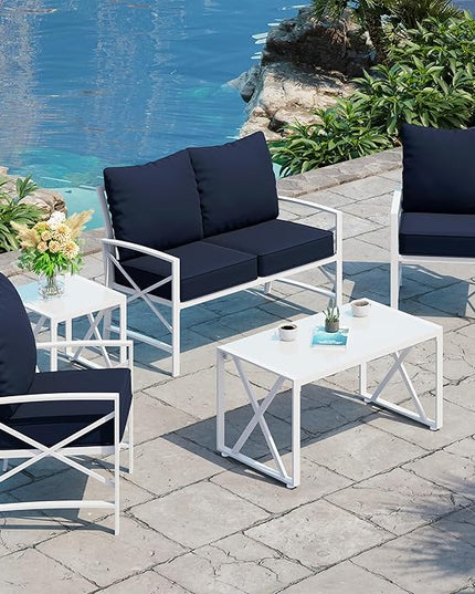 Shintenchi 5 Piece Outdoor Furniture Sets, White Metal Sofa Conversation Sets with Loveseat, Two Single Chairs and Two Coffee Tables for Backyard, Patio, Balcony, Poolside (Dark Blue) - LeafyLoom