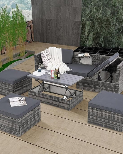 Modular Rattan Outdoor Sectional Furniture, Wicker Conversation Patio Sets with Plywood Coffee Table and Lounger Sofa for Backyard, Dc-Dark Gray - LeafyLoom