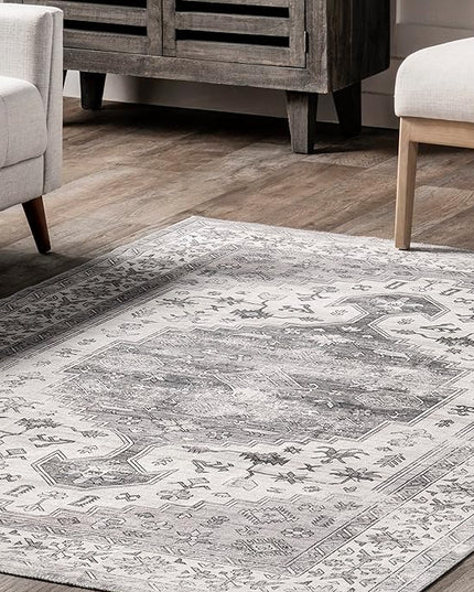 nuLOOM Medallion Bordered Machine Washable Ultra Thin Accent Rug, 3' x 5', Beige - LeafyLoom