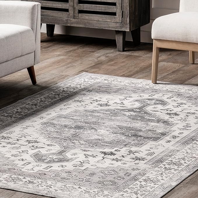 nuLOOM Medallion Bordered Machine Washable Ultra Thin Accent Rug, 3' x 5', Beige - LeafyLoom