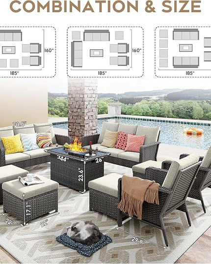 Yechen Patio Conversation Set 10 Seats with 44" Propane Gas Fire Pit Table - 7 Pcs Outdoor Wicker Furniture Set with Lid & Wind Shields - Sectional Sofa Set for Porch,Backyard - LeafyLoom