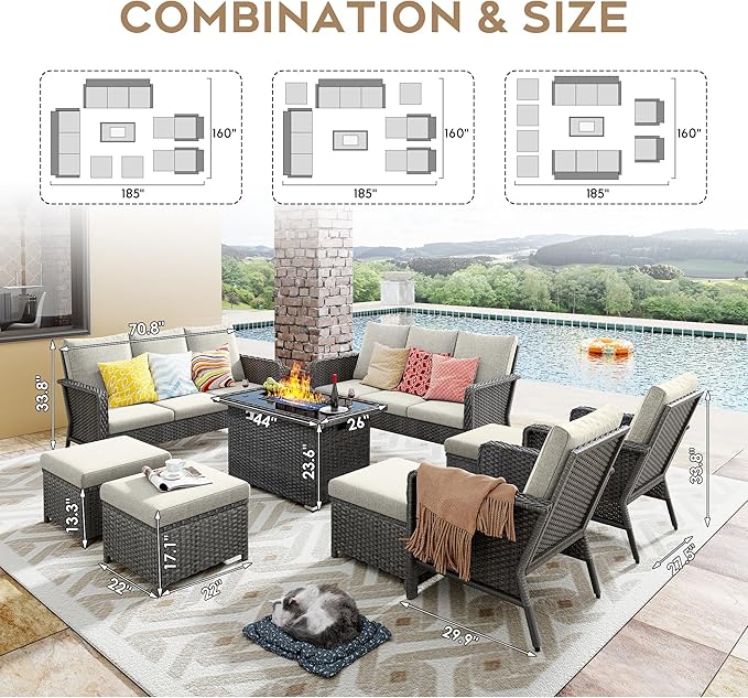 Yechen Patio Conversation Set 10 Seats with 44" Propane Gas Fire Pit Table - 7 Pcs Outdoor Wicker Furniture Set with Lid & Wind Shields - Sectional Sofa Set for Porch,Backyard - LeafyLoom