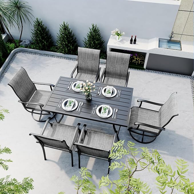 Pamapic 7 Pieces Patio Dining Set, Outdoor Dining Set for Garden Backyard Poolside Deck,Outdoor Table and Chairs Set with 4 Textilene Swivel Chairs & 2 Regular Chairs,Gray - LeafyLoom