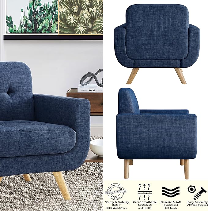 ROSEVERA Elena Contemporary Accent Armchair with Linen Upholstery Living Room Furniture, Navy - LeafyLoom