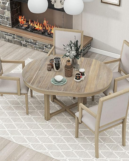 Kitchen 5-Piece Set, Two-Size Round to Oval Extendable Butterfly Leaf Table and 4 Upholstered Dining Chairs with Armrests, Natural Wood Wash - LeafyLoom