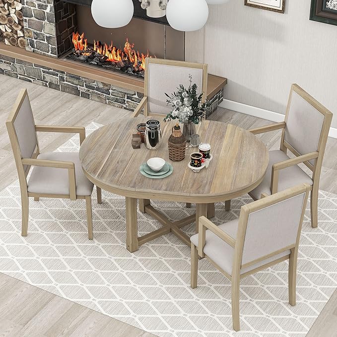 Kitchen 5-Piece Set, Two-Size Round to Oval Extendable Butterfly Leaf Table and 4 Upholstered Dining Chairs with Armrests, Natural Wood Wash - LeafyLoom