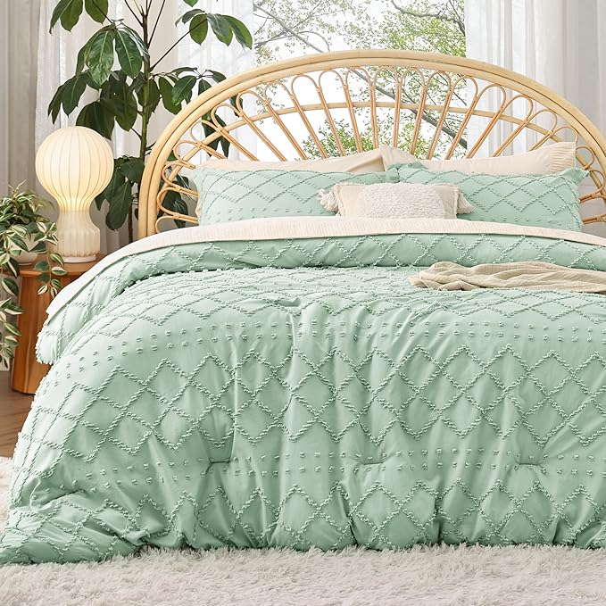 Bedsure Twin/Twin XL Comforter Set - Green Boho Twin Extra Long Comforter Set for College, Shabby Chic Dorm Bedding Set, 2 Pieces Modern Farmhouse Bed Set, includes 1 Pillow Sham - LeafyLoom