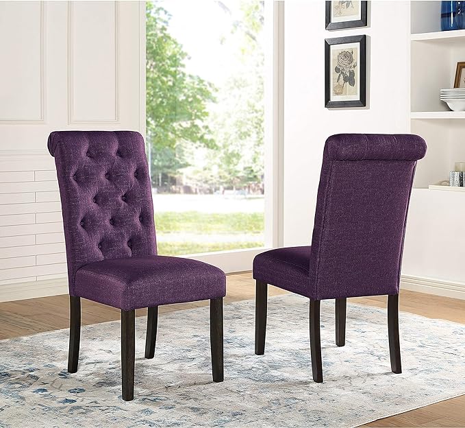 Roundhill Furniture Leviton Solid Wood Tufted Parsons Dining Chairs, Set of 2, Purple - LeafyLoom